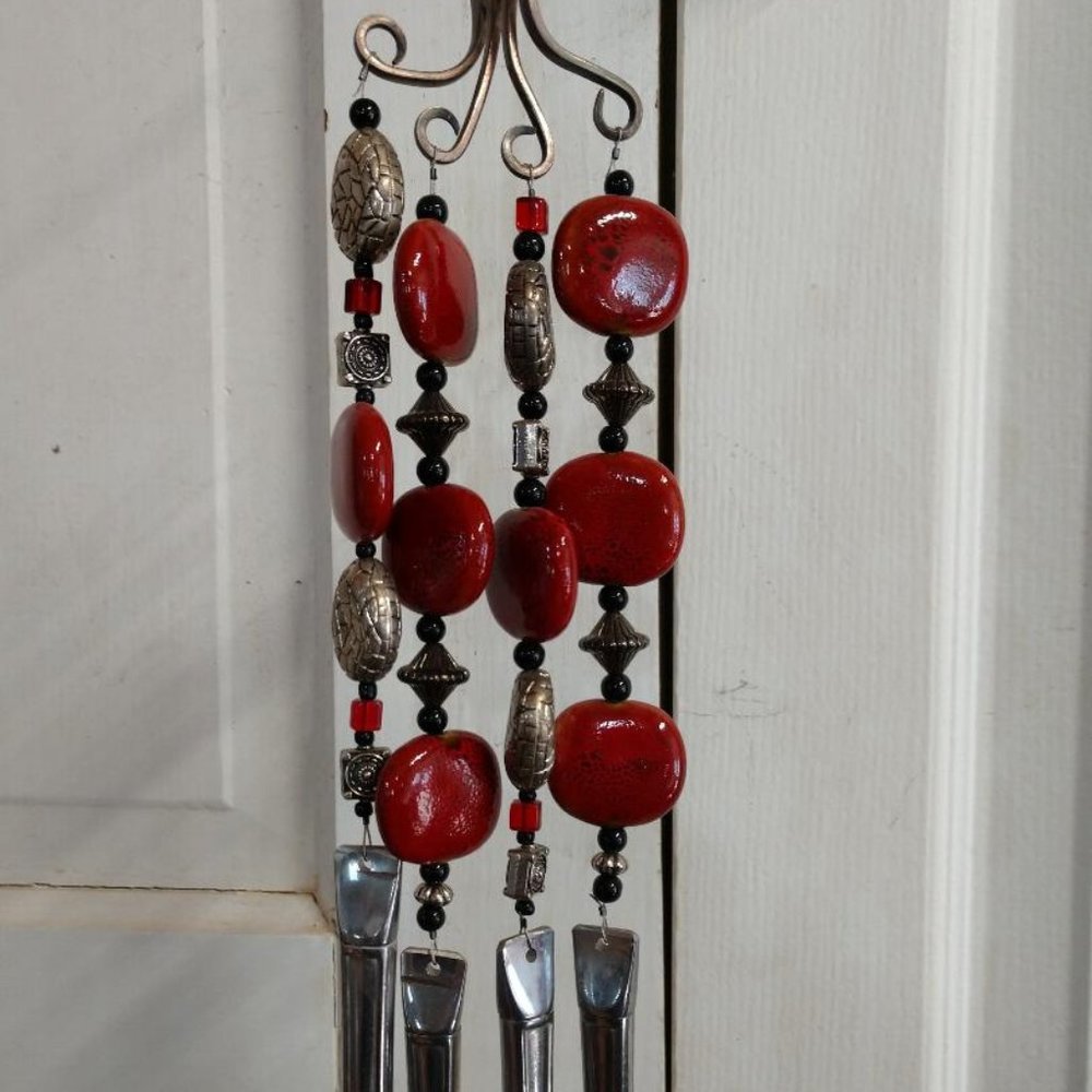 Red/Silver/Black Beads Upcycled Recycled Silverware Windchime-handmade